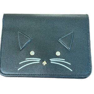 Cat Face Black Leather Wallet Rhinestones Snaps Animal Lover Retro Chic Preppy
